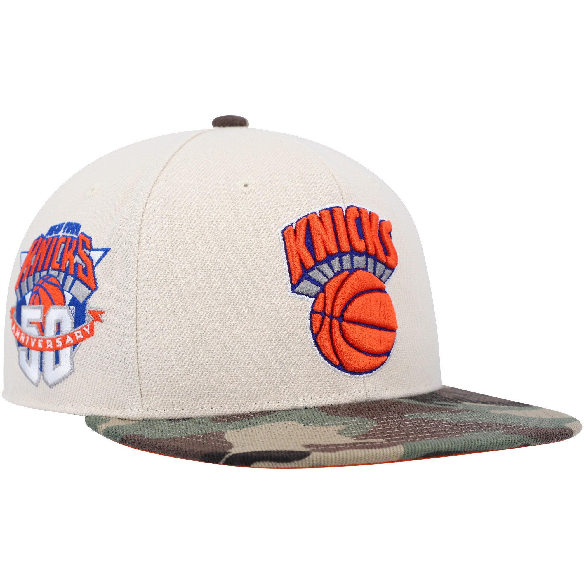 New York Knicks Mitchell & Ness Hardwood Classics 50th Anniversary Off White Camo Fitted Hat - Cream/Camo
