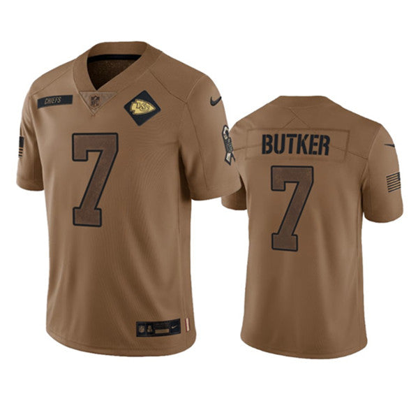 Men s Kansas City Chiefs Harrison Butker 2023 Brown Salute To Service Limited Stitched Jersey