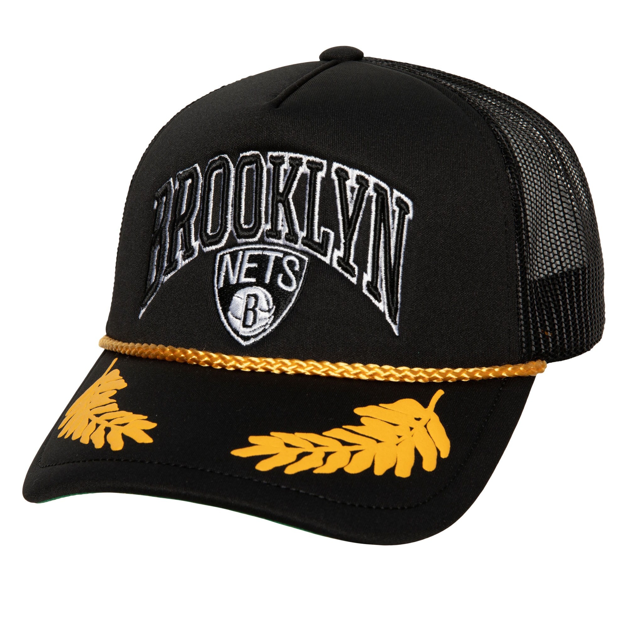 Brooklyn Nets Mitchell & Ness Hardwood Classics Gold Leaf Mesh Trucker Snapback Hat - Black