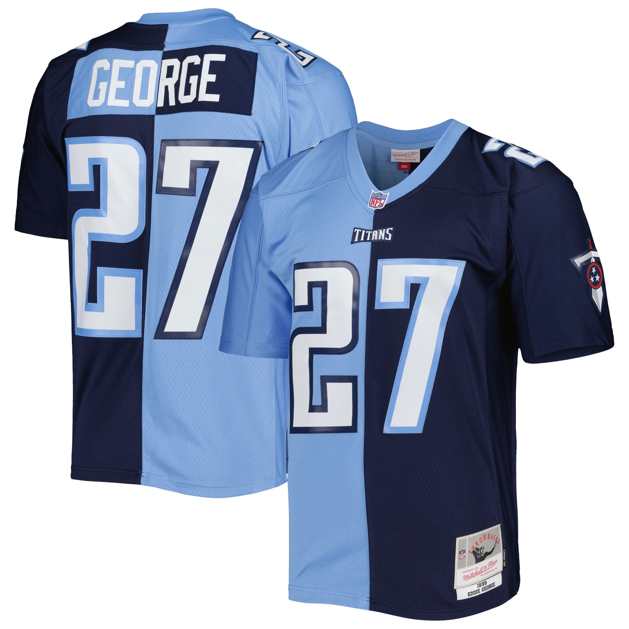 Eddie George Tennessee Titans Mitchell   Ness 1999 Split Legacy Replica Jersey   Navy/Light Blue