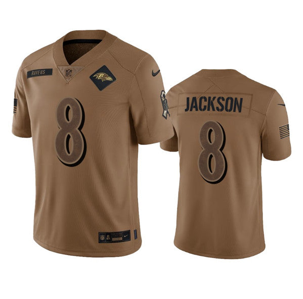Men s Baltimore Ravens Lamar Jackson 2023 Brown Salute To Service Limited Stitched Jersey