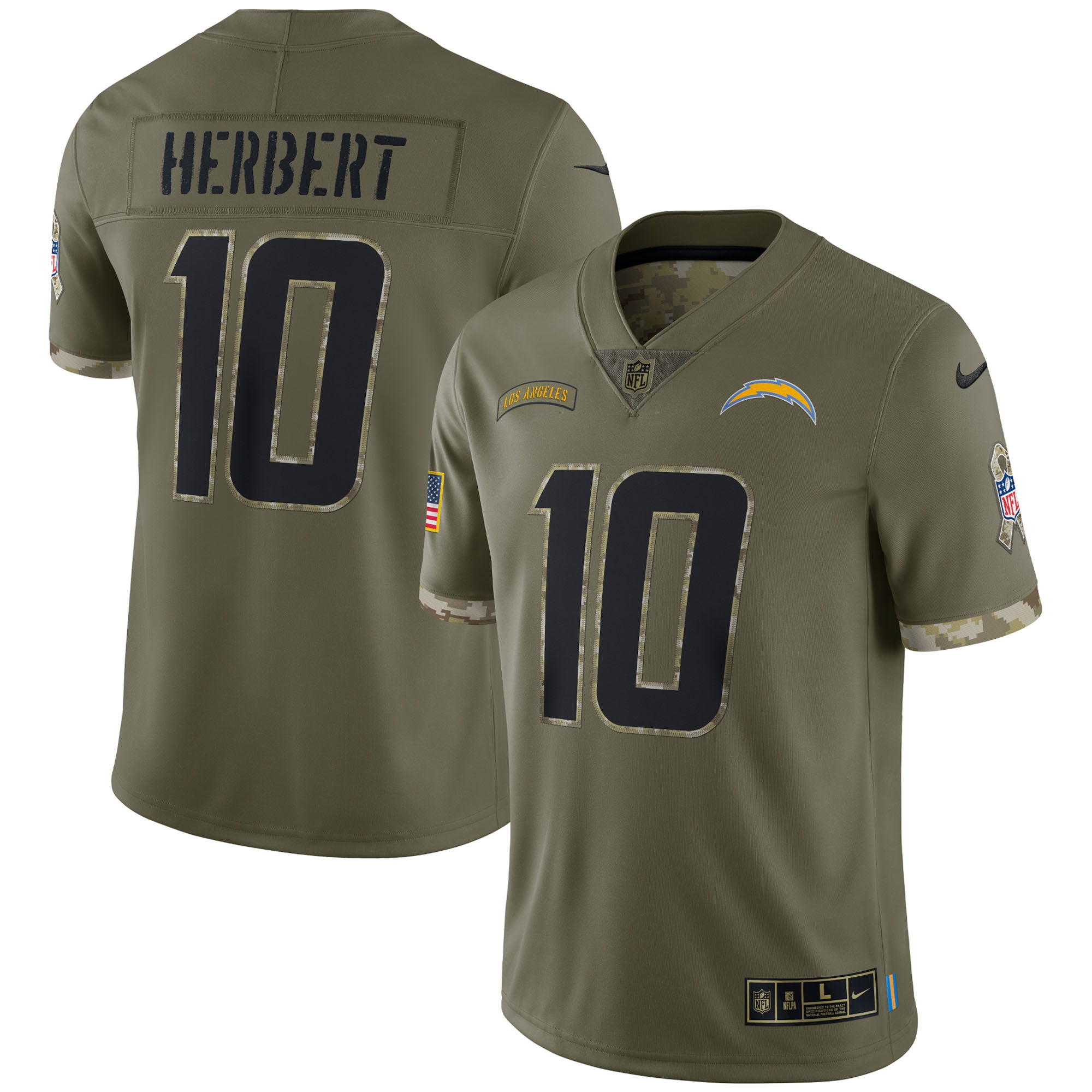 Justin Herbert Los Angeles Chargers Nike 2022 Salute To Service Limited Jersey   Olive