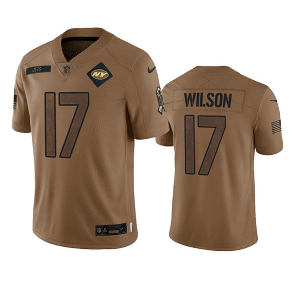 Men s New York Jets Garrett Wilson 2023 Brown Salute To Service Limited Stitched Jersey